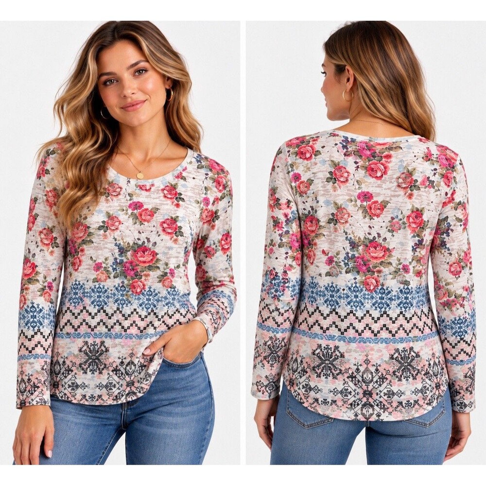 Sundance Women’s M Floral Rose Geometric Long Sleeve Boho Top USA Medium Shirt